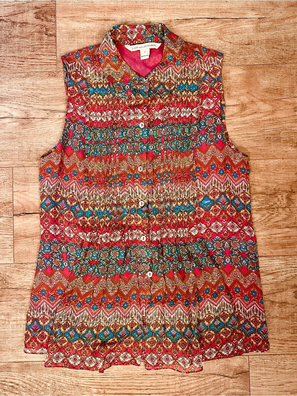 Diane Von Furstenberg Silk Boho Paisley Sleeveless Blouse Size XS